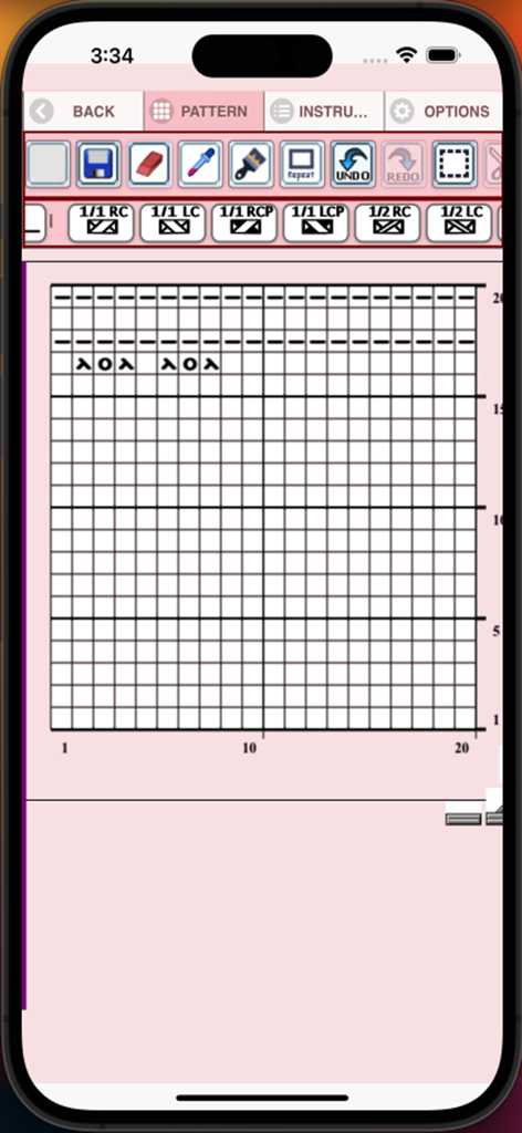 KnitPatternCreator - A digital knitting pattern grid editor showing stitch symbols and design tools on a mobile screen.