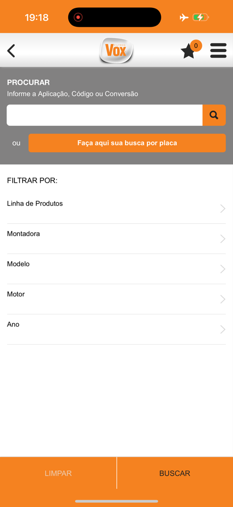 Search and filter screen of the Filtros Vox app for automotive and industrial filters