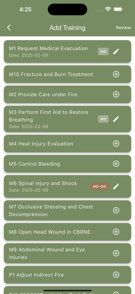 Mobile screen showing a list of EIB training tasks with Go and No-Go status indicators