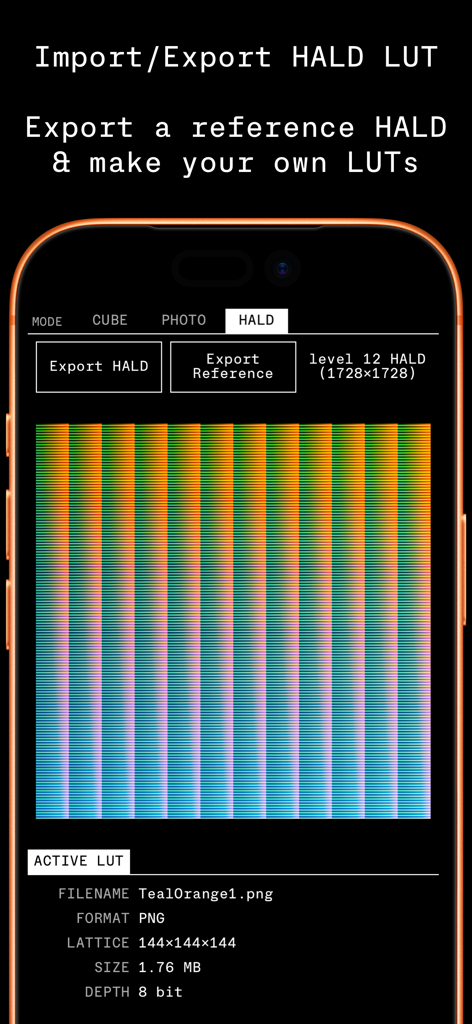LUT Lab - LUT Lab mobile app interface showing HALD LUT export options and technical file details.