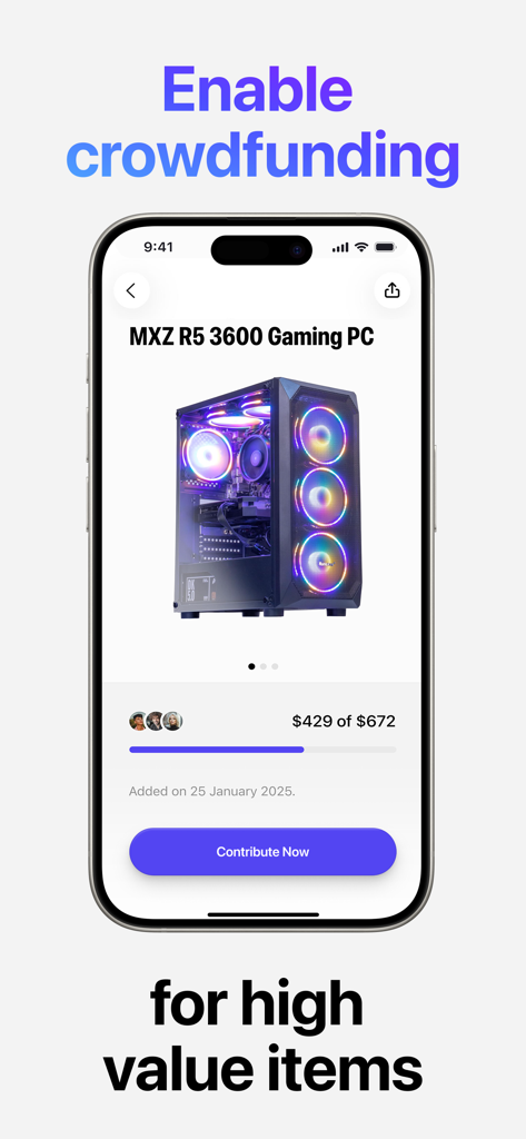 Eine mobile Oberfläche der Throne-App, die einen Crowdfunding-Fortschrittsbalken für einen hochwertigen Gaming-PC zeigt