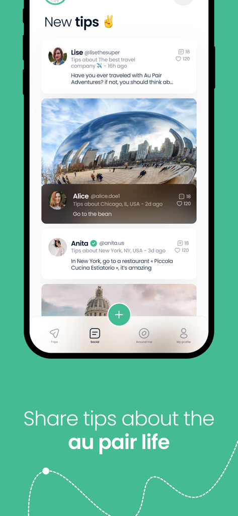 AuPairTrip - Una pantalla que muestra consejos de viaje y publicaciones sociales de au pairs sobre la visita a Chicago y Nueva York
