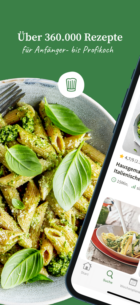 Chefkoch – Rezepte & Kochen - Application mobile Chefkoch affichant une recette de pâtes au pesto et des fonctionnalités de recherche