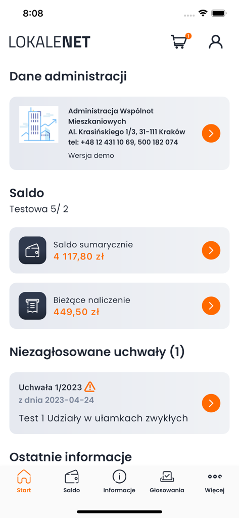 Das Dashboard der LokaleNET-App, das Funktionen der Immobilienverwaltung anzeigt, einschließlich Kontostand, aktuelle Gebühren, Kontaktinformationen der Verwaltung und anstehende Gebäudeentscheidungen.
