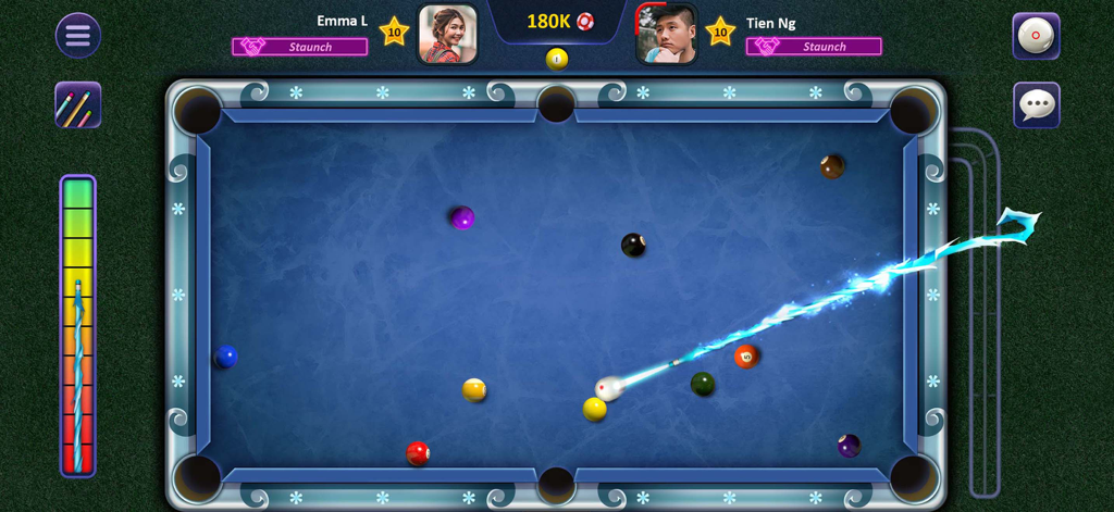 Sir Snooker: 8 Ball & 9 Ball - Online multiplayer match in Sir Snooker showing a blue pool table and special cue effects