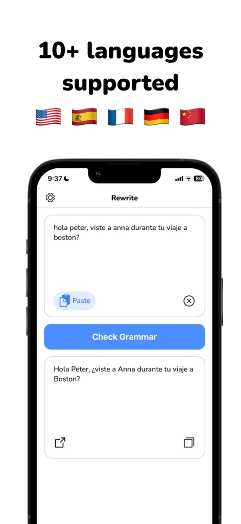 Rewrite: Sentence Corrector - Captura de pantalla de la aplicación Rewrite que muestra la corrección gramatical de una frase en español con un titular que indica soporte para más de 10 idiomas.