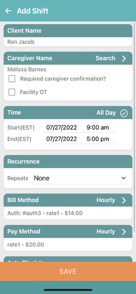Add Shift screen in the WellSky Personal Care app showing caregiver and client scheduling details