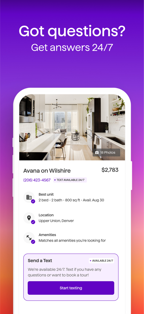 Tela do aplicativo Apartment List mostrando uma listagem de propriedade com um botão para iniciar texto para suporte 24 horas por dia, 7 dias por semana
