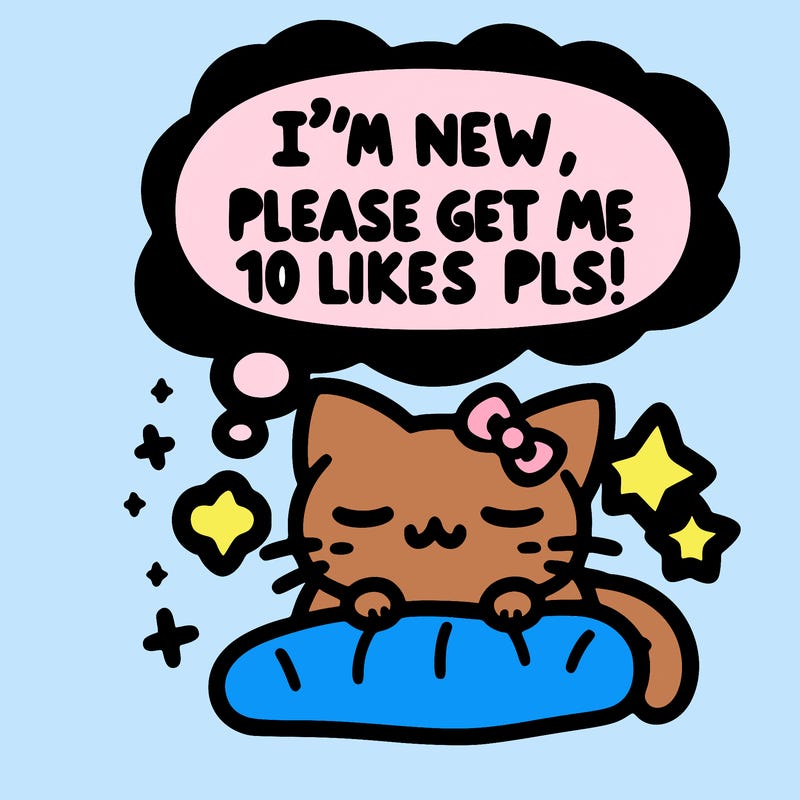 kitty taking a nap dream talking and saying "i'm new, please get me at least 10 likes pls!!"