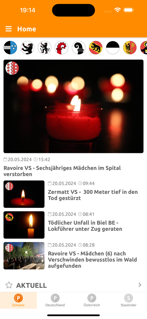 Polizeiticker - Startbildschirm der Polizeiticker-App mit einer Nachrichtenübersicht von Schweizer Polizeiberichten und Unfällen.