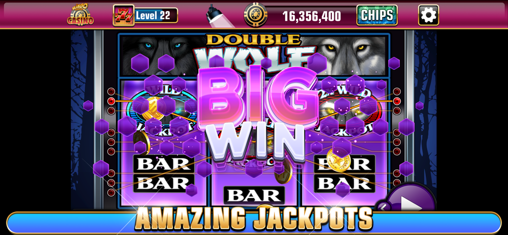 Slingo Casino game screenshot showing a Big Win notification on the Double Wolf slot machine with millions of chips and amazing jackpots.