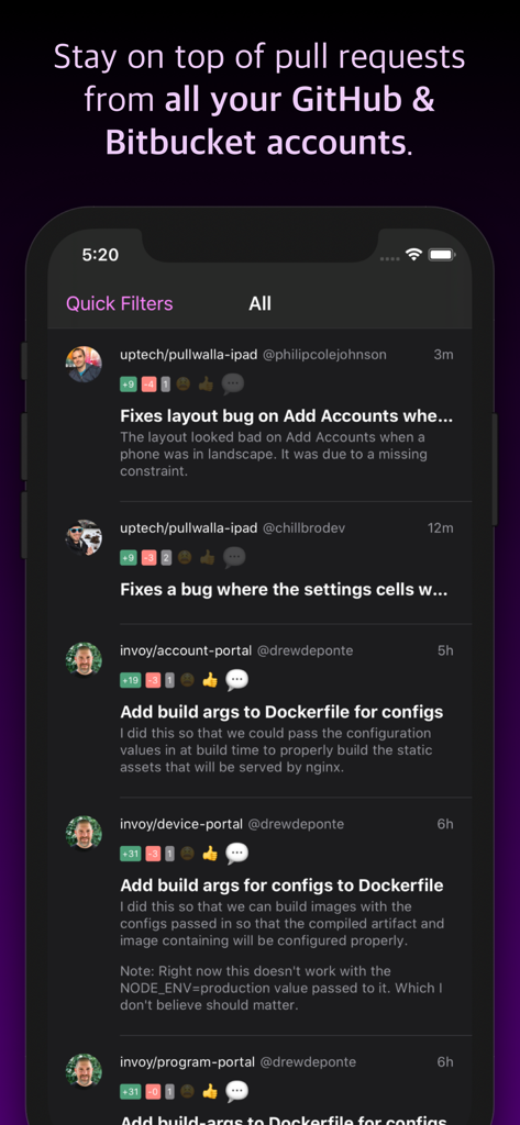 Pullwalla for Bitbucket GitHub - Unified dashboard in Pullwalla showing pull requests from GitHub and Bitbucket accounts on a mobile device