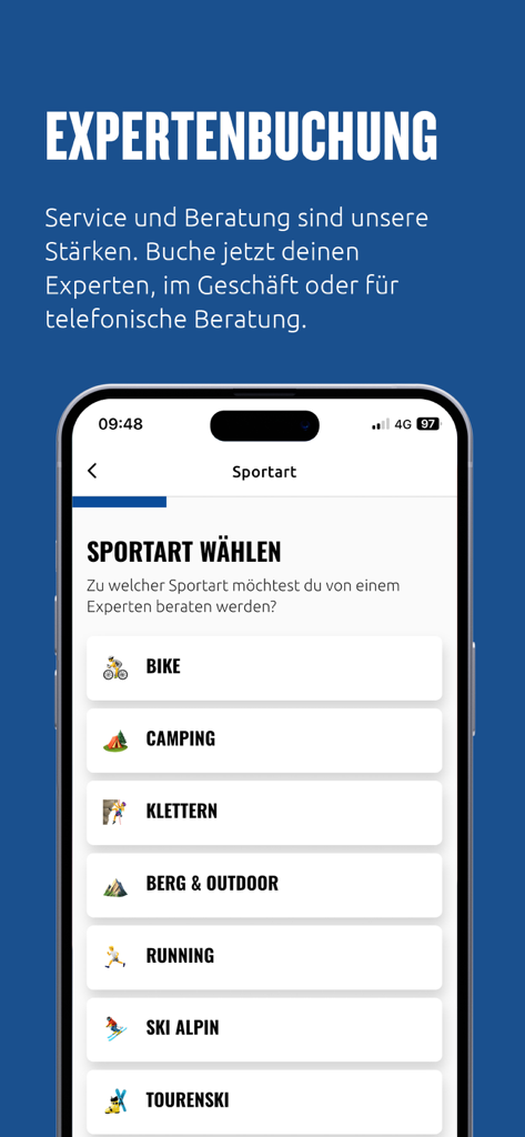 Sportler App - Interface of the Sportler App showing options to book a personal expert consultation for different sports categories like biking, camping, and running.