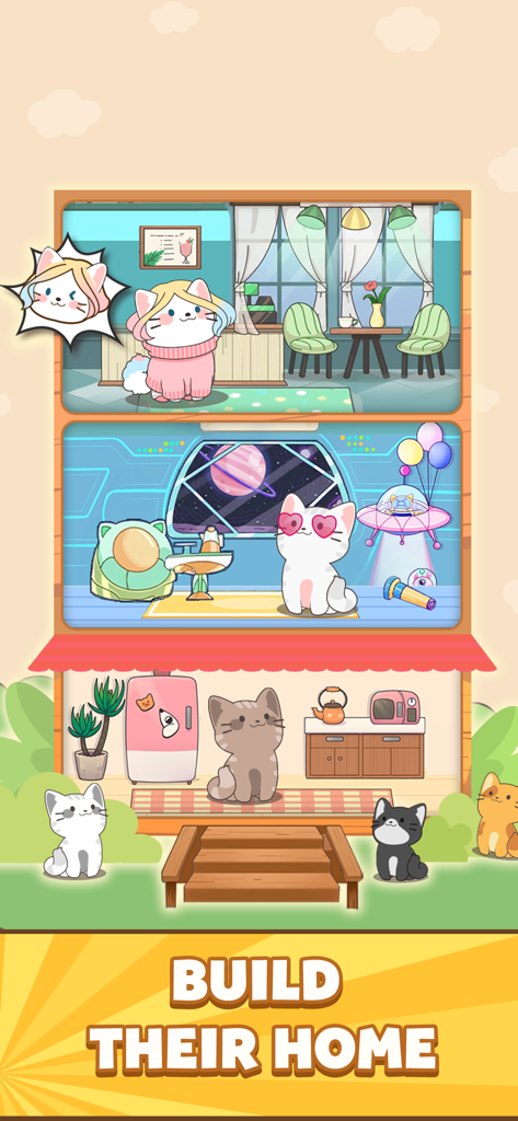 Duet Cats: Rhythm Meow Game - Uma torre de gatos decorada em vários níveis com temas de café e espaço e gatinhos fofos.