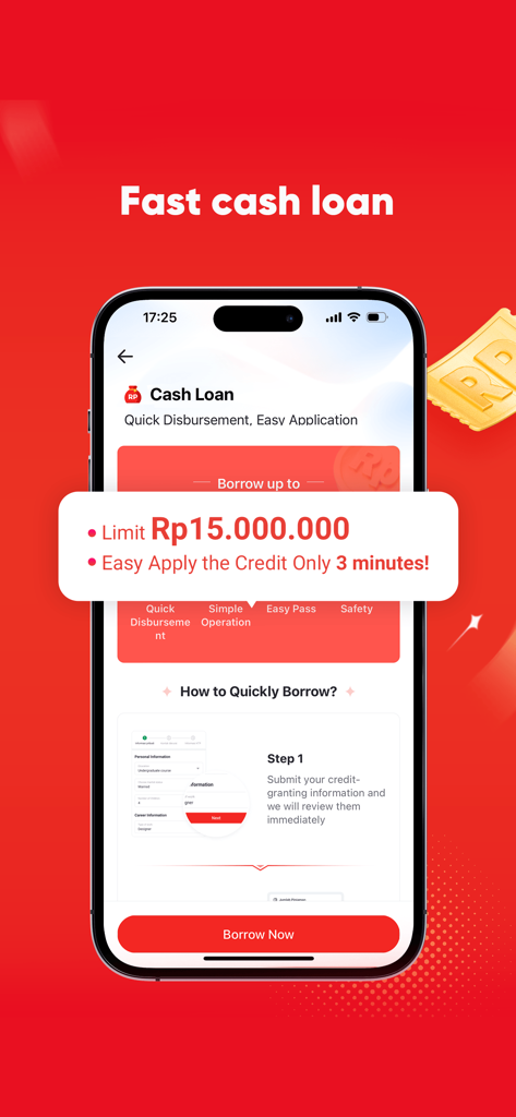 Akulaku-Installment Shopping - Mobiler Bildschirm der Akulaku App mit dem Bereich für Sofort-Cash-Kredite und einem Kreditlimit von 15 Millionen IDR