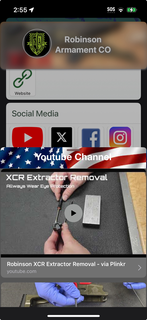 Perfil de empresa de Plinkr para Robinson Armament CO que incluye enlaces a redes sociales y un video incrustado de YouTube