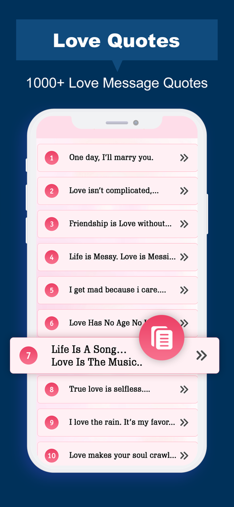Love Messages and Quotes - A mobile app screen showing a numbered list of romantic love quotes and messages