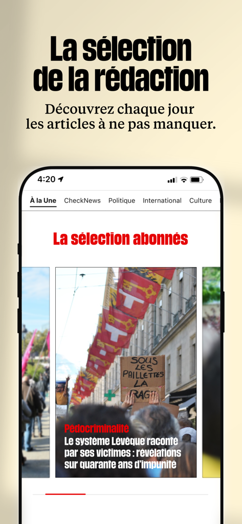 Interface do aplicativo móvel Libération apresentando seleções de notícias diárias curadas e conteúdo exclusivo para assinantes.