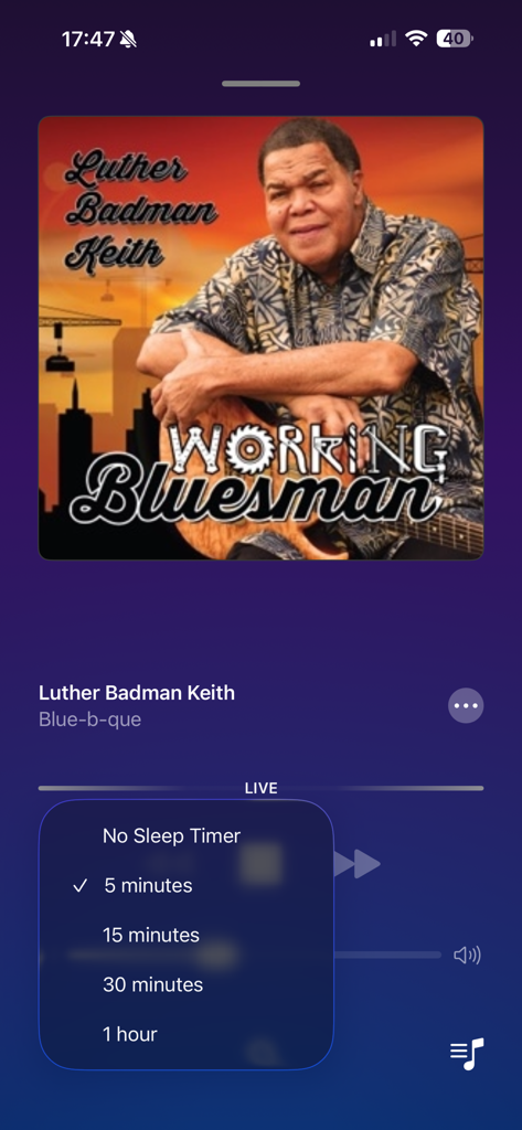 Radio Blues Radio Live Greece - Sleep timer settings menu in the Radio Blues Live Greece app player interface