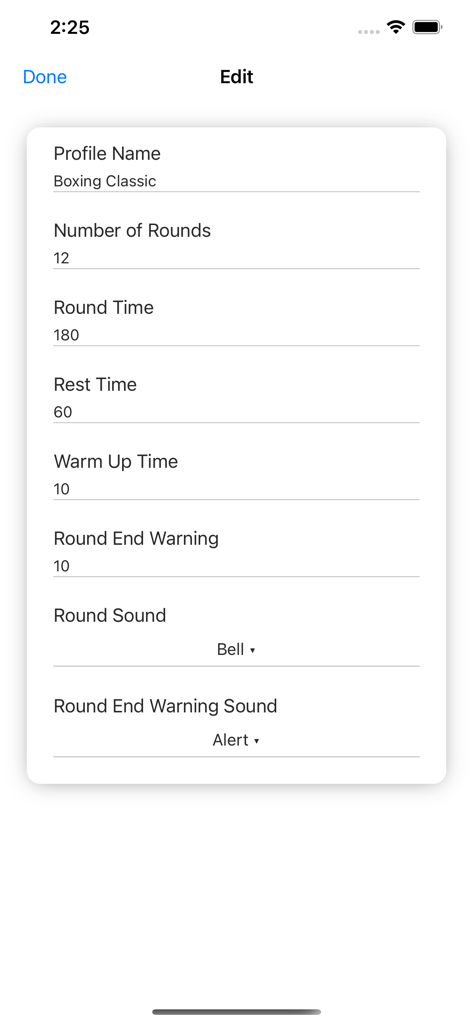 Boxing Timer : Interval Timer - Boxing timer interface for customizing round duration rest intervals and notification sounds