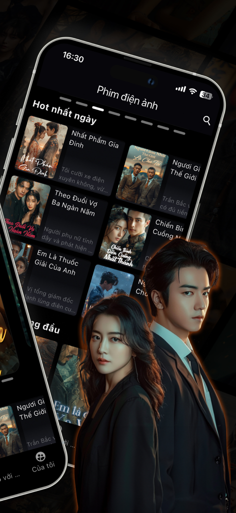 Mango Play - Mango Play mobile app interface showing a gallery of short drama films and a featured romantic couple.