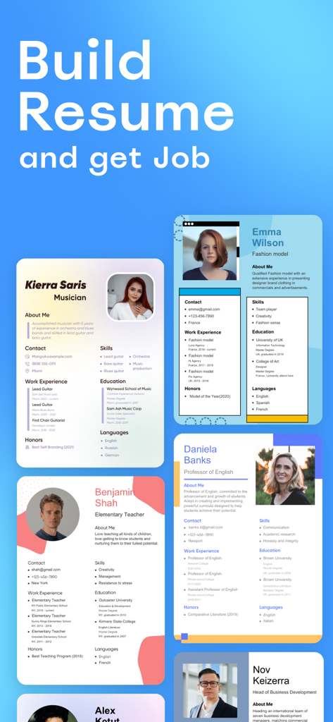 Resume Maker & CV Builder App - Una colección de diversas plantillas de currículum profesionales para diferentes roles laborales