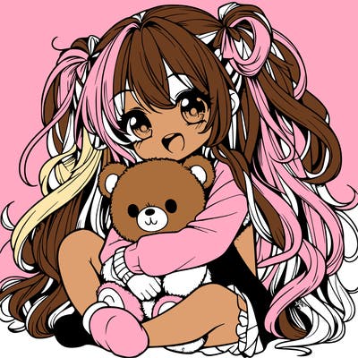 manga girl, long curly hair, happy, cuddling a teddy bear