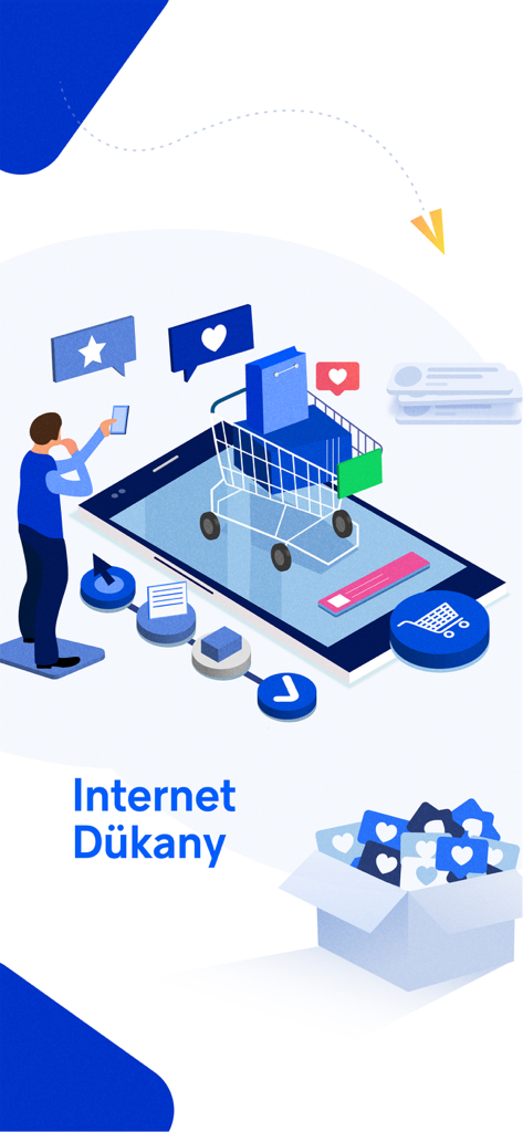 Illustration of the Saray mobile app featuring a shopping cart and the text Internet Dukany.