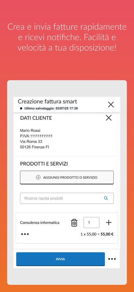 Aruba Fatturazione Elettronica - Interfaz para la creación de facturas inteligentes en la aplicación móvil Aruba Fatturazione Elettronica