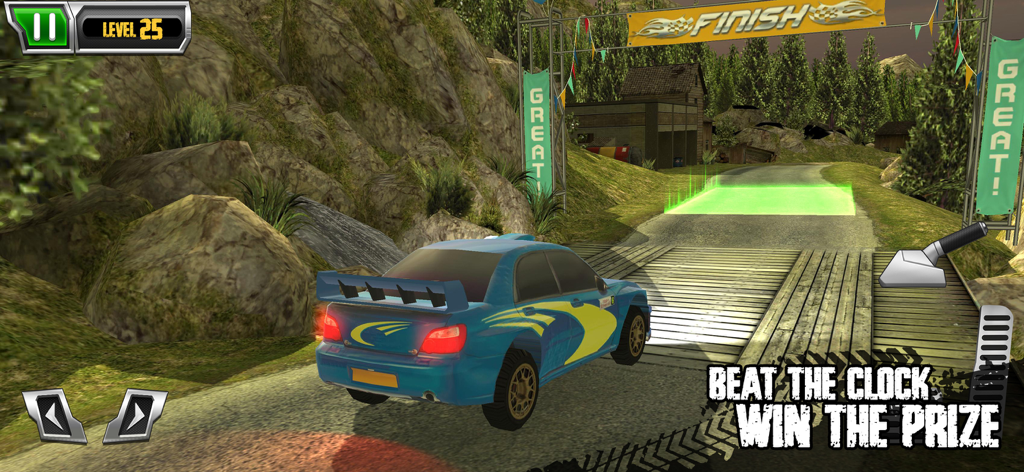 Cross Country Trials - A blue rally car approaching a finish line on a wooden bridge in a 3D off road racing game