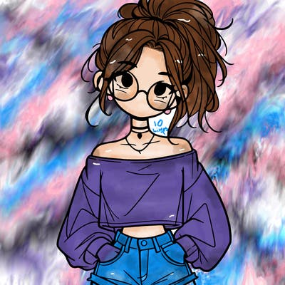 girl with a messy ponytail glasses a baggy crop top and jean shorts