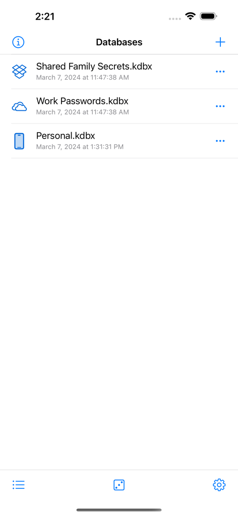Panel de KeePassium Pro mostrando múltiples bases de datos de contraseñas kdbx