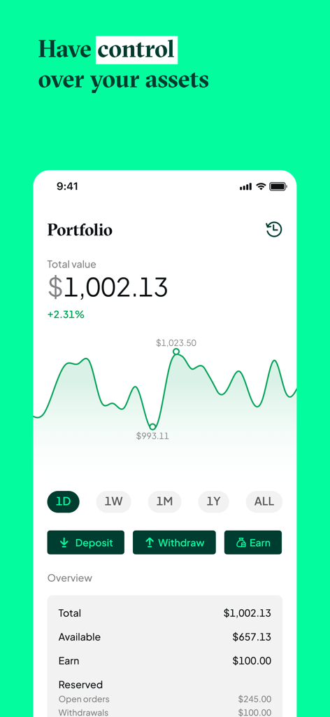 Bitstamp by Robinhood: Buy BTC - Mobile app screen showing the Bitstamp by Robinhood portfolio interface with a total asset value of 1002 dollars and a performance graph