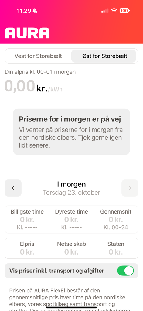 AURA Elpris App-Bildschirm mit Strompreisvorhersagen und Aufschlüsselung der Kosten