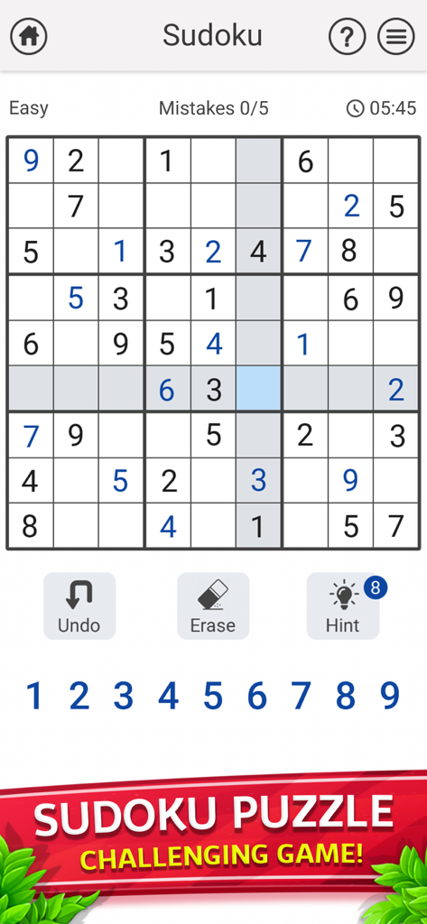 Classic Number Game -Numpuzzle - Interfaz móvil de un juego de puzzle Sudoku con una cuadrícula de nueve por nueve y selección de números