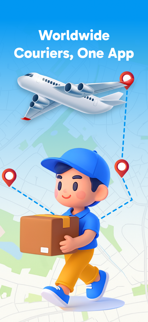 Package Tracker : Courier Info - A 3D delivery man carrying a package with a cargo plane and tracking pins on a map background