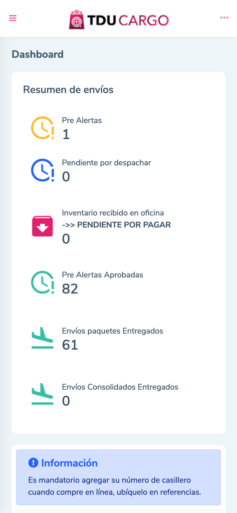 TDU Cargo - TDU Cargo app dashboard showing a summary of shipments, pre-alerts, and package delivery status.