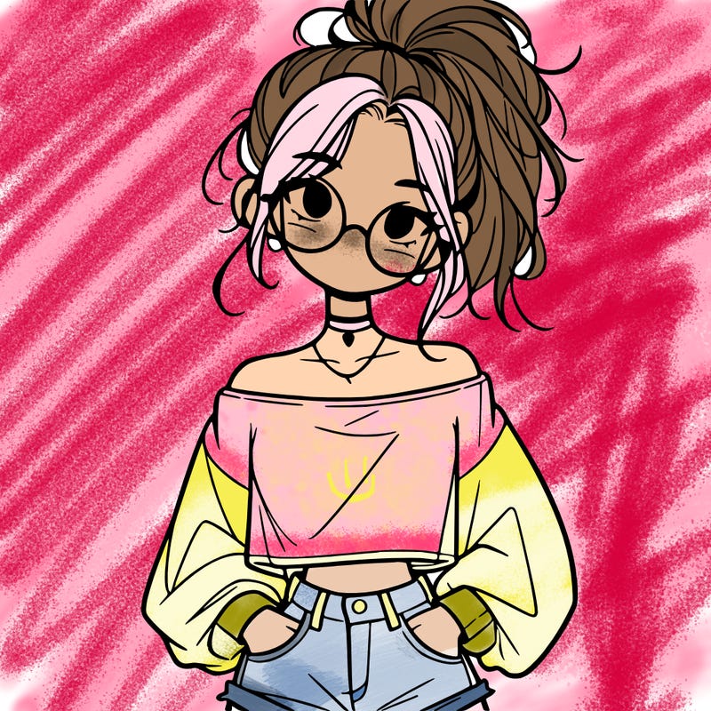 girl with a messy ponytail glasses a baggy crop top and jean shorts