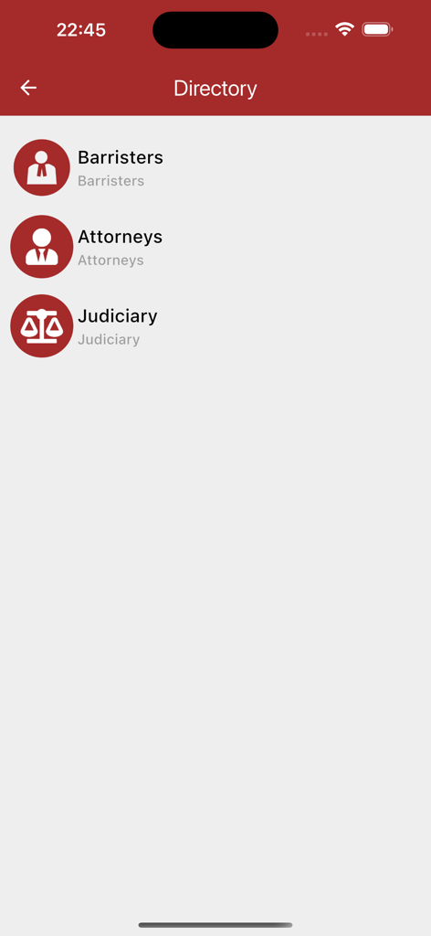 Mauritius Bar Association app directory screen showing categories for barristers, attorneys, and judiciary.