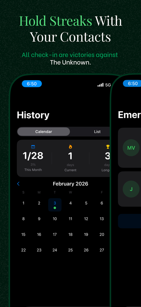 The Pulse app history screen showing a monthly calendar view with check-in streak statistics