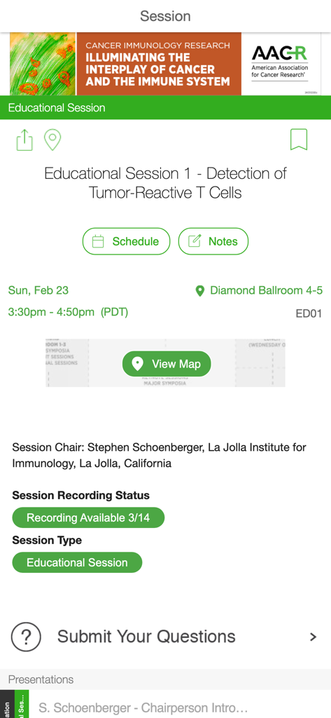 AACR Meetings - AACR Meetings app interface showing session details for Detection of Tumor-Reactive T Cells with schedule and map buttons.