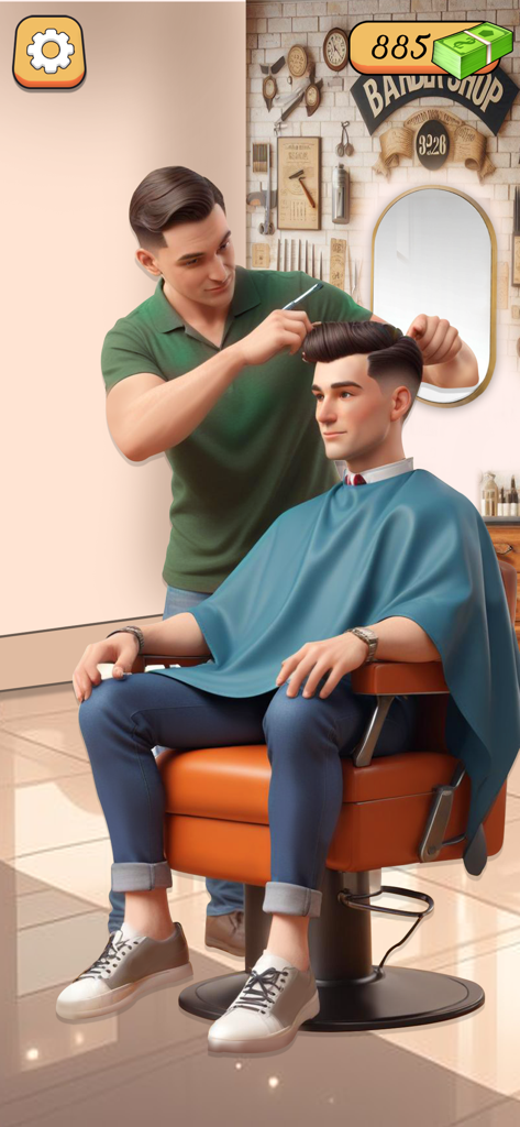 Barber Shop Games Hair Tattoo - Um personagem barbeiro estilizando o cabelo de um cliente em um jogo de simulação de barbearia.