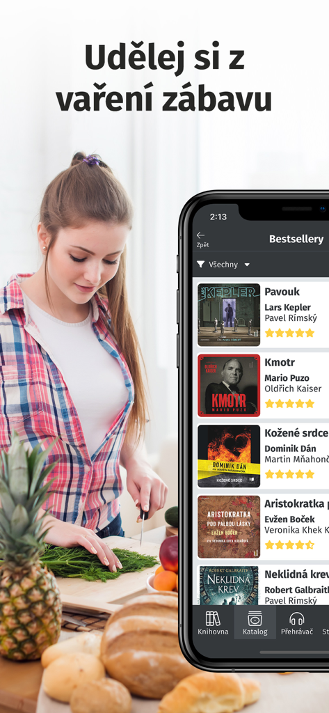Audiolibrix - Audioknihy - A woman cooking while browsing Czech audiobooks on the Audiolibrix app