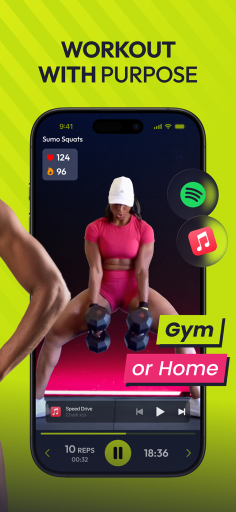 Resilient: strength workouts - A smartphone showing the Resilient app workout interface with a woman performing sumo squats and icons for gym or home training