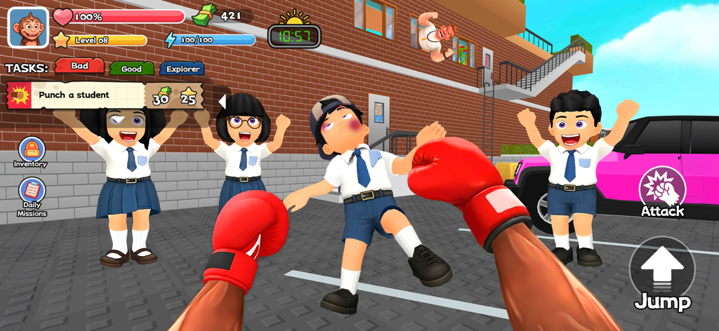 Monkey Student: School Prank - Jugabilidad en primera persona mostrando una misión para golpear a un estudiante usando guantes de boxeo en un entorno escolar.