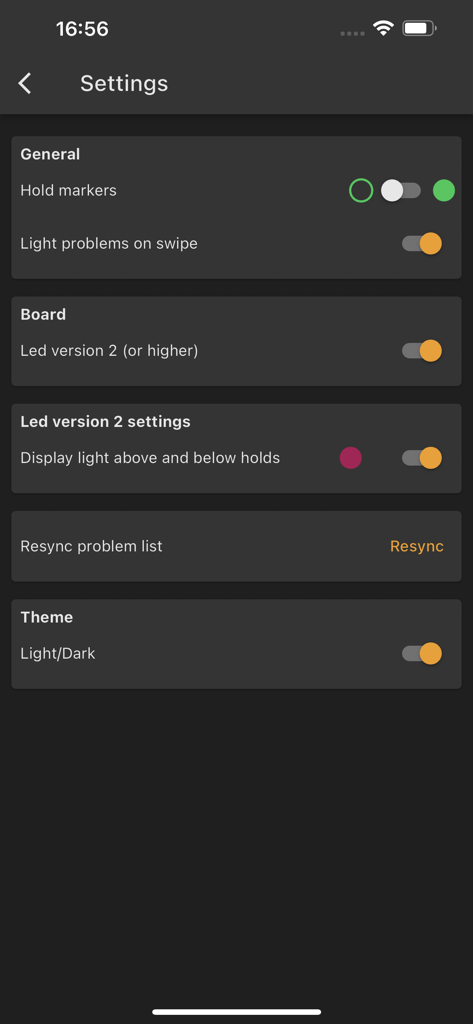 Moon Board - Settings menu of the Moon Board app showing LED board configuration and general preferences