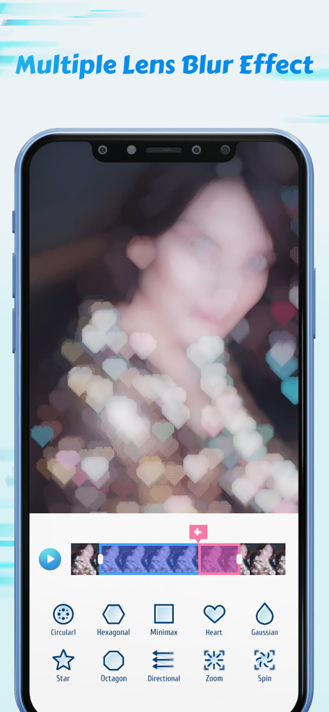 Time Cut: Smooth Slow Motion - Time Cut app interface showing various lens blur options including heart shaped bokeh and other creative filters