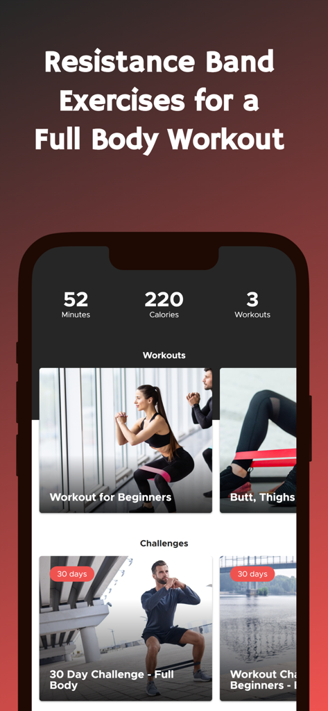 Resistance Band Workout Plan - Resistance Band Workout Plan App-Oberfläche, die Trainingszeit, verbrannte Kalorien und 30-Tage-Fitness-Herausforderungen anzeigt.