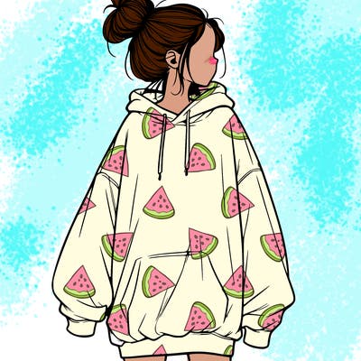 realistic girl with a oversized sweatshirt on and a bun
