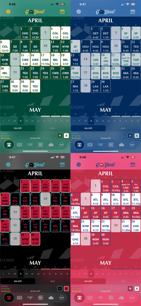 Four screen previews showing different color themes for the Go Yard baseball pocket schedule app